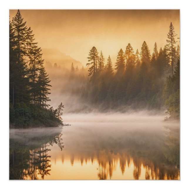Morgennebel am Fluss in den Pinien Poster (Vorderseite)