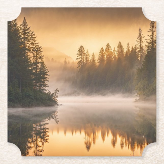 Morgennebel am Fluss in den Pinien Untersetzer (Vorderseite)