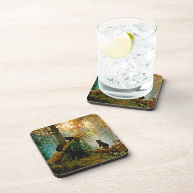 Morgens in einem Pinienwald Bären mit Cubs Shishki Getränkeuntersetzer (Rechte Seite)