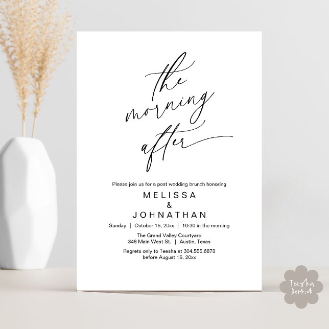 Morgens nach dem romantischen Hochzeitstag Einladung (The Morning After Modern Romantic Post Wedding Elopement Brunch Invitation Card PDF in White Black)