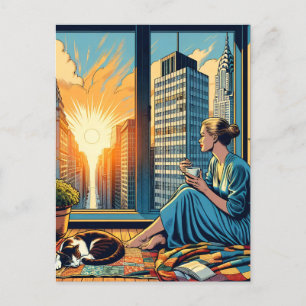 Morgenzeit in der Stadt   Reflektierende Frau Postkarte