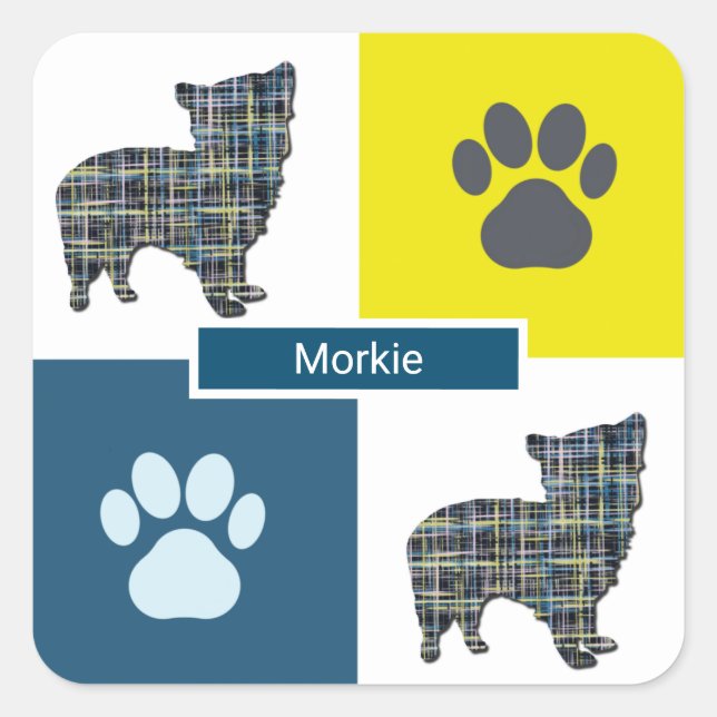 Morkie Dog & Paw Y&B Grid Square Sticker (Vorderseite)