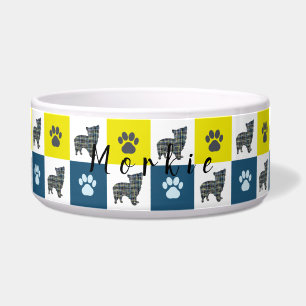 Morkie Dog & Paw Yellow & Blue Grid Dog Bowl Napf
