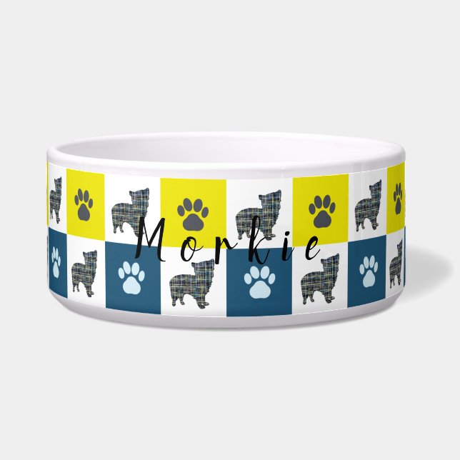 Morkie Dog & Paw Yellow & Blue Grid Dog Bowl Napf (Vorderseite)