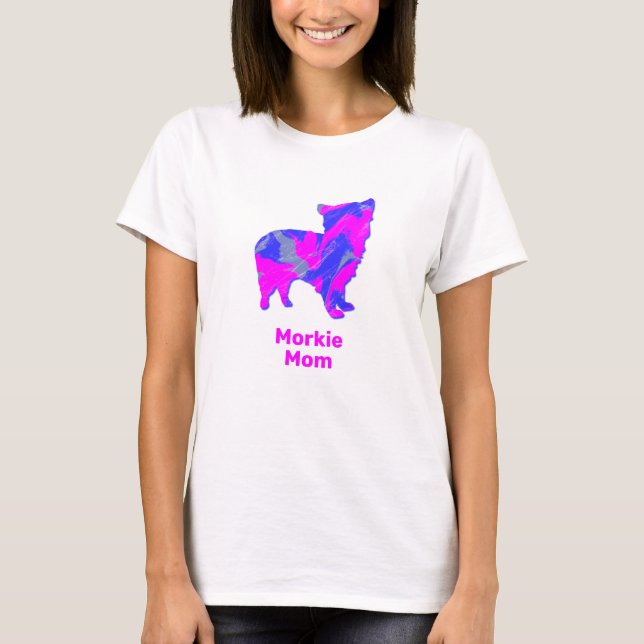 Morkie Dog Silhouette Heiß rosa und blau T-Shirt (Vorderseite)