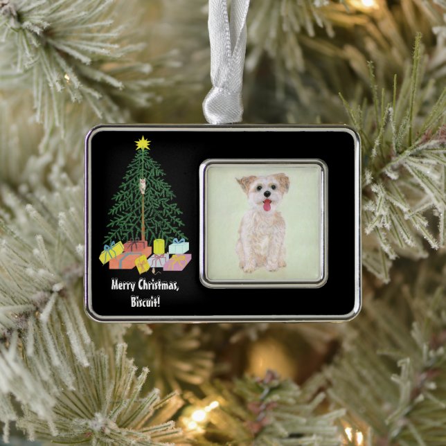 Morkie Hund mit Gerahmtem Weihnachtsbaum Rahmen-Ornament Silber (Baum)