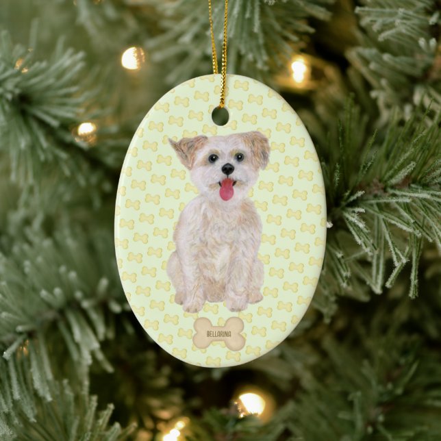 Morkie mit Knochen und Text-Oval Keramik Ornament (Baum)