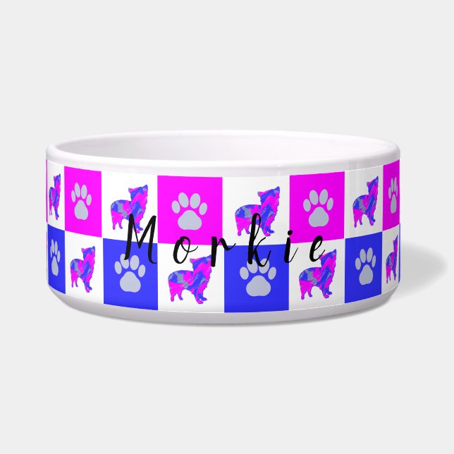Morkie Terrier Dog & Paw Hot Pink & Blue Pet Bowl Napf (Vorderseite)