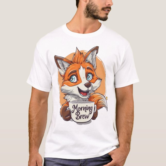 Morning Brew" Fox Coffee Lover Whimsical Weck-Up T-Shirt (Vorderseite)