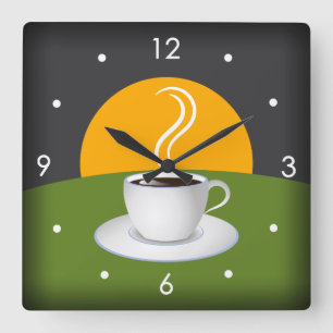 Morning Coffee Cup Cafe Square Wall Clock Quadratische Wanduhr