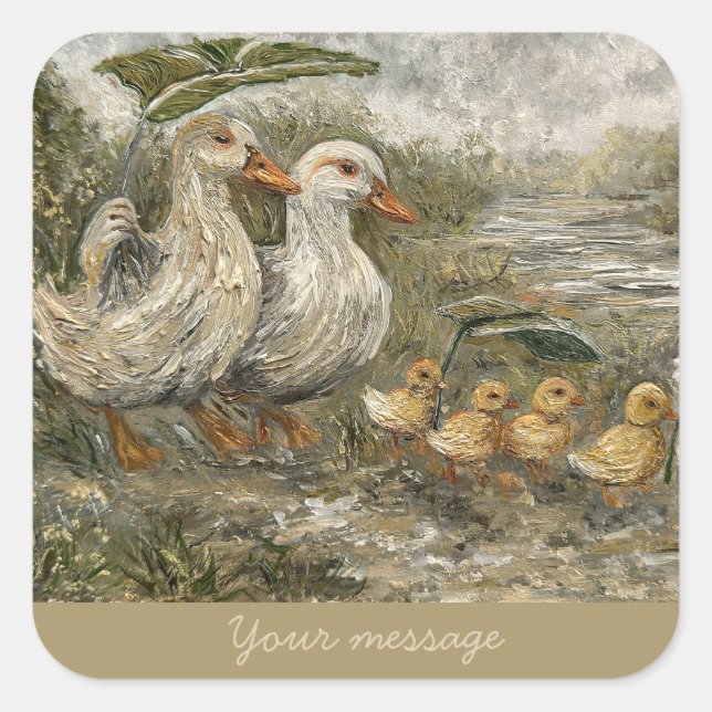 Morning Commute Whimsical Farmhouse Duck Rainy Day Quadratischer Aufkleber (Vorderseite)