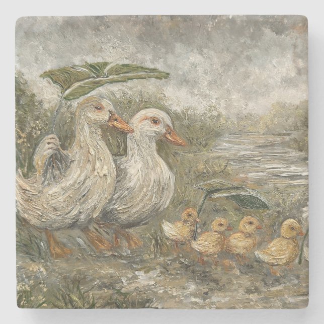 Morning Commute Whimsical Farmhouse Duck Rainy Day Steinuntersetzer (Vorderseite)