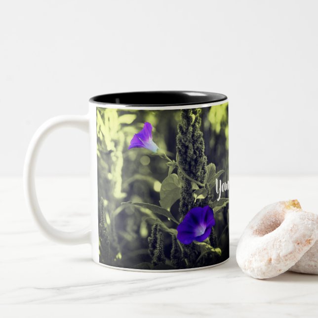 Morning Glory Blume Schwarz-Weiß Personalisiert Zweifarbige Tasse (Mit Donut)