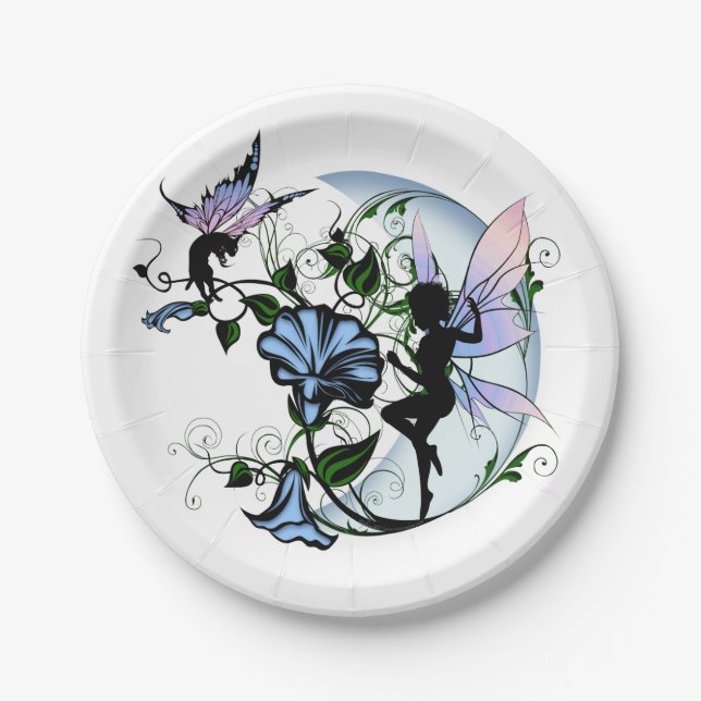 Morning Glory Shadow Fairy und kosmische Katze Pappteller (Vorderseite)
