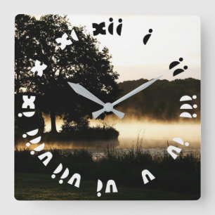 Morning Lake Scene Fat Roman Numbers wccnm Quadratische Wanduhr