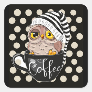 Morning Owl Black Tan Polka Dots Quadratischer Aufkleber