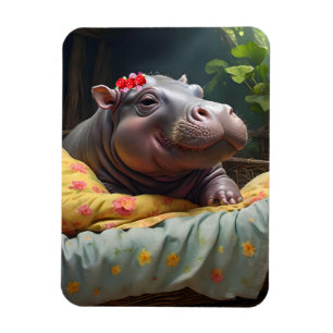"Morning Snuggles: Baby Hippo Wecke in Basket, Magnet
