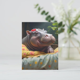 "Morning Snuggles: Baby Hippo Wecke in Basket, Postkarte