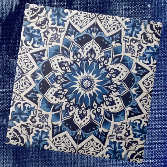 Moroccan Mediterranean Blue & White Tile Pattern Fliese (Von Creator hochgeladen)