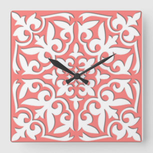 Moroccan tile - coral pink and white quadratische wanduhr