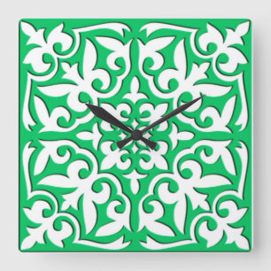 Moroccan tile - jade green and white quadratische wanduhr