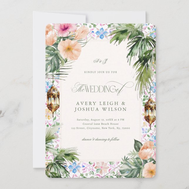 Moroccan Tile Tropical Hibiscus Wedding Einladung (Vorderseite)