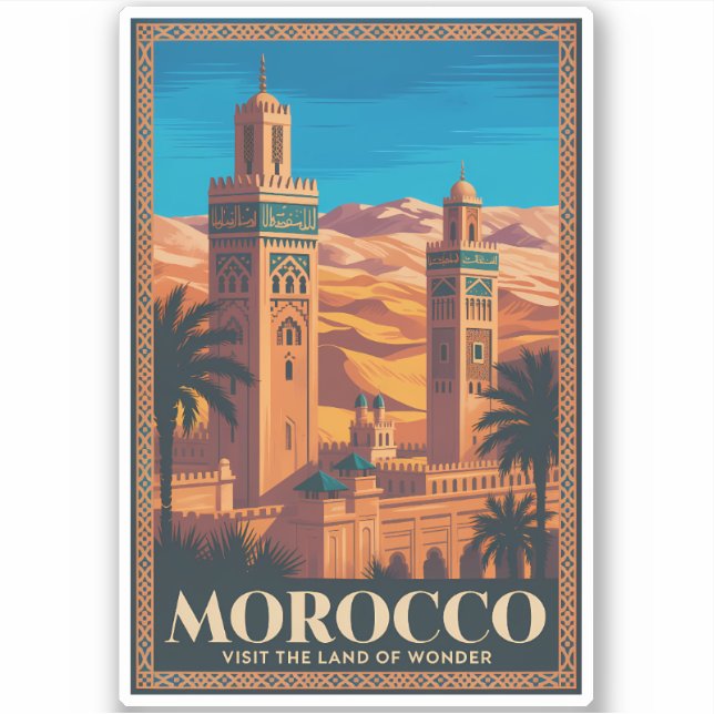  Morocco Desert Illustration Travel Art Vintage Aufkleber (Vorderseite)