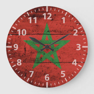 Morocco Flag on Old Wood Grain Große Wanduhr