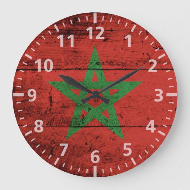 Morocco Flag on Old Wood Grain Große Wanduhr (Vorderseite)
