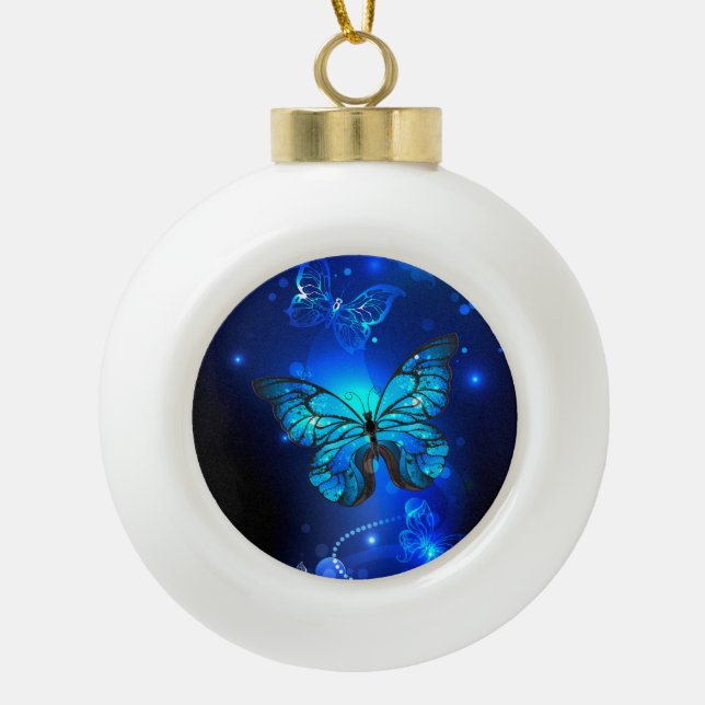 Morpho Butterfly in the Dark Background Keramik Kugel-Ornament (Vorderseite)