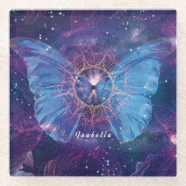 Morpho-Schmetterling / Galaxy Mandala Glasuntersetzer (Vorderseite)