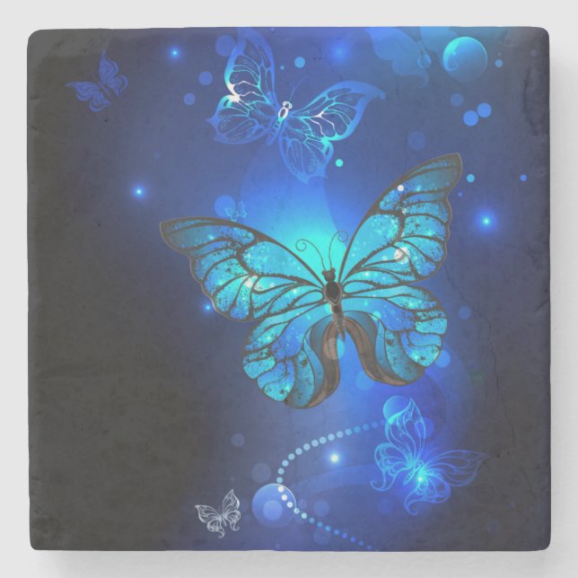 Morpho-Schmetterling im dunklen Hintergrund Steinuntersetzer (Vorderseite)