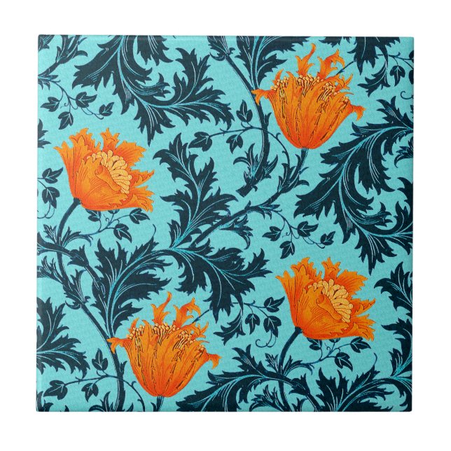 Morris Anemone Muster, Indigo Blue und Coral Fliese (Vorderseite)