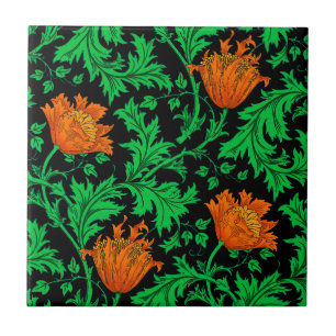 Morris Anemone Muster, Orange, Grün und Schwarz Fliese
