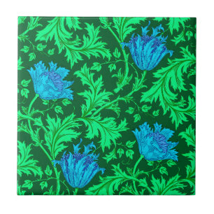Morris Anemone Muster, Smaragdgrün & blau Tile Fliese