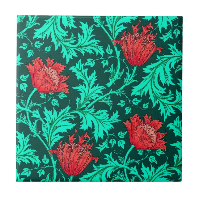 Morris Anemone Patter, Deep Red und Türkis Tile Fliese (Vorderseite)