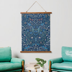 Morris Blau Hintergrund Vintage Blackthorn Muster Wandteppich Mit Holzrahmen