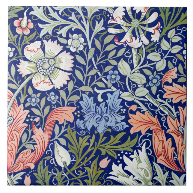 Morris Blue Background 1896 Compton Floral Pattern Fliese (Vorderseite)