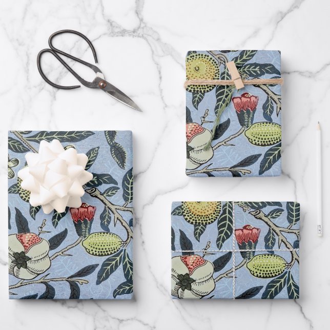 Morris Blue Background Antique Pomegrana Pattern Geschenkpapier Set (Vorderseite)