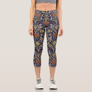 Morris Blue Background Rose & Lily Blume Muster Capri Leggings