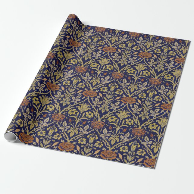Morris Blue Background Rose & Lily Blume Muster Geschenkpapier (Ungerollt)