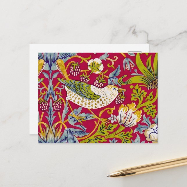 Morris Erdbeerdieb Himbeerrot-Lime Floral Postkarte (Vorderseite/Rückseite Beispiel)