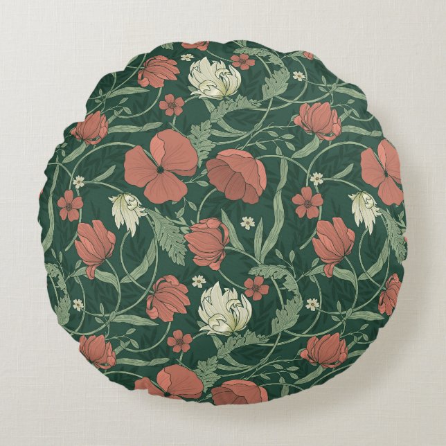 Morris Garden Green & Red Floral Rundes Kissen (Vorderseite)