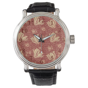 Morris Inspiriert Lily Blume Botanical Red Textile Armbanduhr