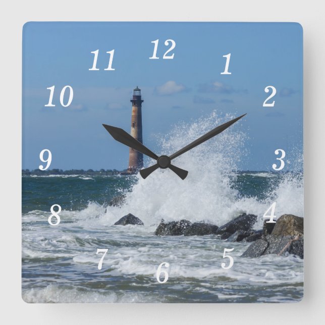 Morris Island Lighthouse Splash Wall Clock Quadratische Wanduhr (Vorderseite)