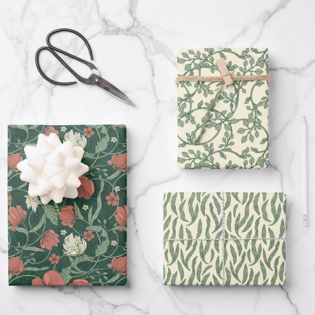 Morris Park Rot und grüne Blumendemasse Geschenkpapier Set (Vorderseite)