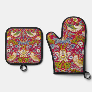 Morris Red Background Strawberry Diief Pattern Ofenhandschuh & Topflappen-Set