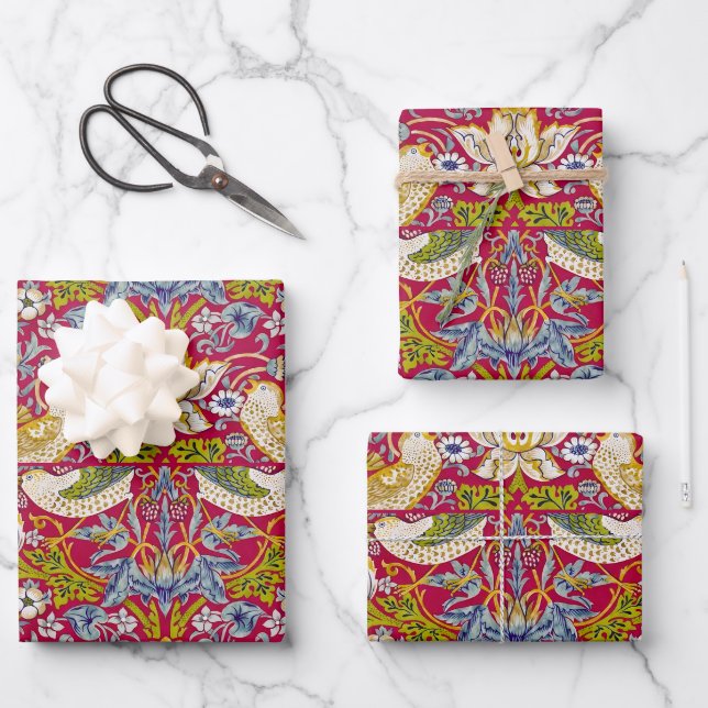 Morris Roter Hintergrund Strawberry Thief Muster Geschenkpapier Set (Vorderseite)
