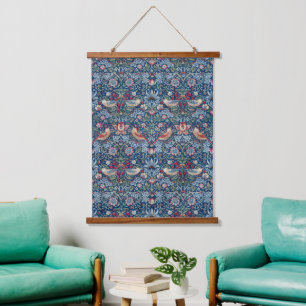 Morris Strawberry Thief Classic Indigo Blau Fein Wandteppich Mit Holzrahmen