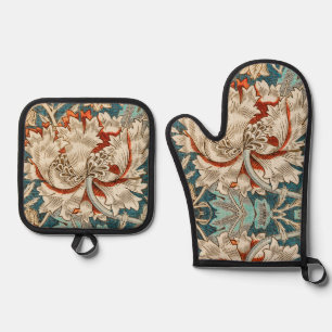 Morris Teal Blau Geißblatt Blumen Wallpaper Ofenhandschuh & Topflappen-Set